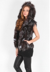 Sectioned Silver Fox Vest with Hood